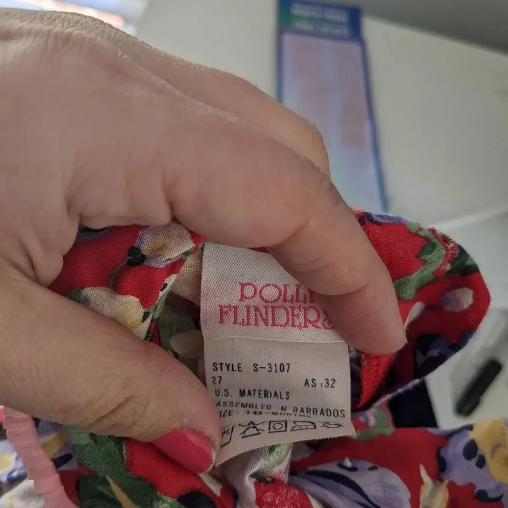 Vintage Girls Polly Flinders 18M 80s Red Pink Floral Babydoll Style Dress EUC